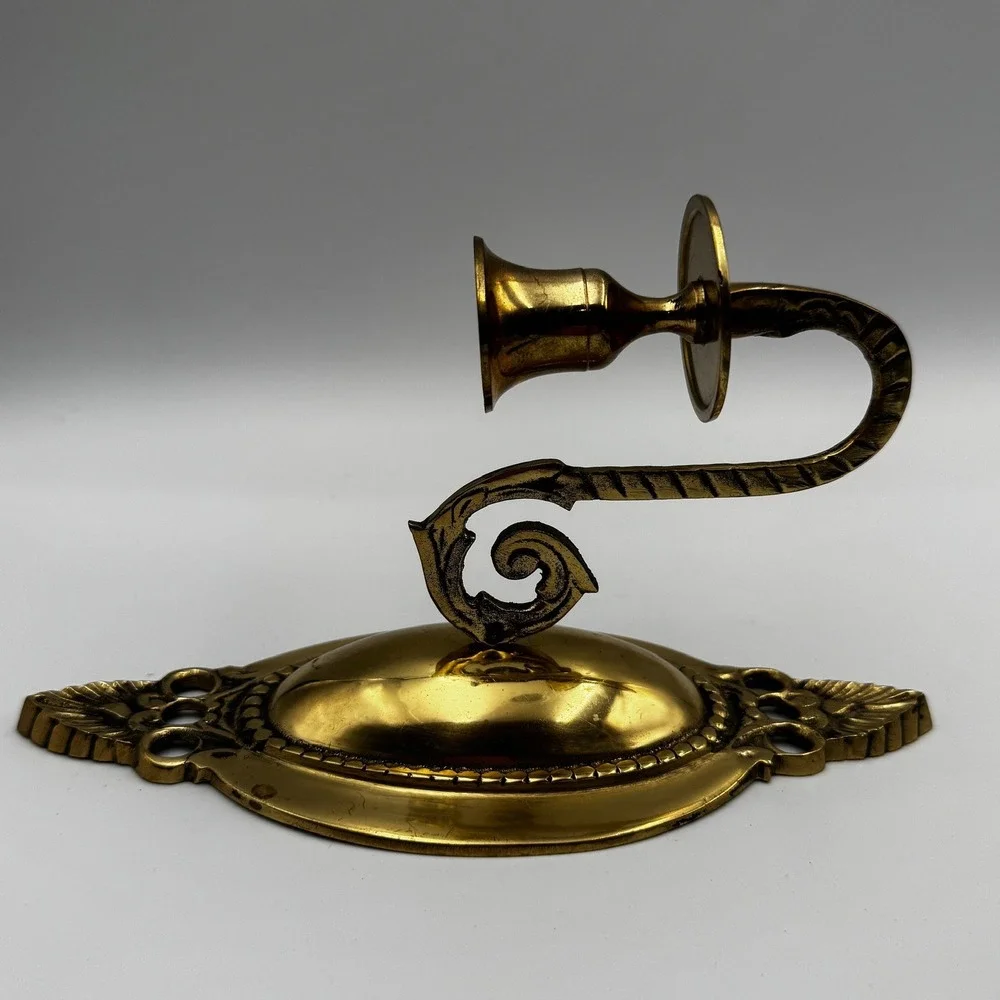 Vintage Solid Brass Wall Sconce Candle Holder‎ Ornate Scrolled Oval Backplate